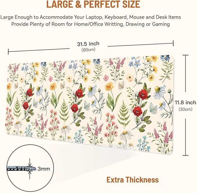 Mousepad Desk Mat Gaming Large Keyboard Cute Office Desktop Computer Laptop XXL Long Big Kawaii Aesthetic Girly Pretty Design Women Girl Gamer Oversized Wide 30x12'' Mousepad, Plant Flower