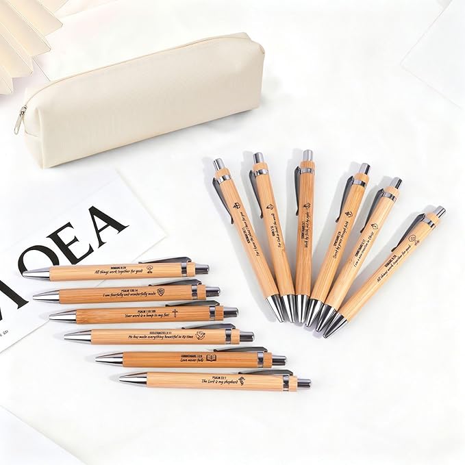 Bible Verse Pens 25 Pcs with 12 Christian Pens & 12 Refills & 1 White Pen Pouch Bamboo Retractable Ballpoint Pens Inspirational Quote Pen Religious Gifts for Men Women