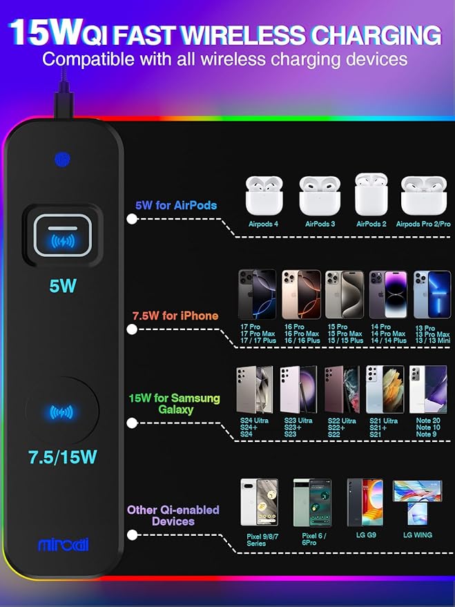 Magnetic RGB Gaming Mouse Pad 31.5x15.75 Inch, 15W Fast Wireless Charging Desk Mat, XXL Desk Pad with 11 RGB Lighting Modes, Home Office Large Keyboard Pad with Ultra-Smooth Surface, Non-Slip Base