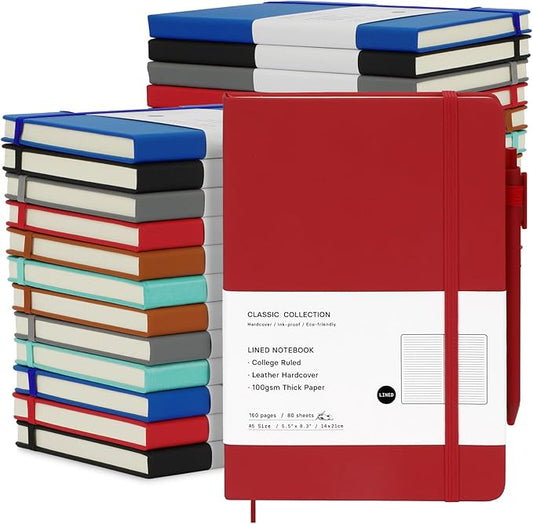 Coopay 24 Pack A5 Journal Notebook with 24 Pens Bulk Classic Ruled Hardcover Leather Journal Set with Pen Holder for Men Women Writing, Office, Home, School, College, Business, 8.3” x 5.5” (6 Colors)