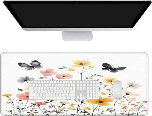 Mrcrypos Wildflowers Large Mouse Pad Butterfly Desk Mat for Desktop,Waterproof Desk Pad with Stitched Edges,Computer Keyboard Gaming Mouse Pads for Women Office Home 31.5" x 11.8"