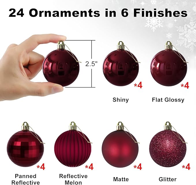 Maroon 2.5" Christmas Balls Christmas Tree Decoration Ornaments Shatterproof Hanging Balls for Birthday Halloween Holiday Wedding Decorations Set of 24pcs