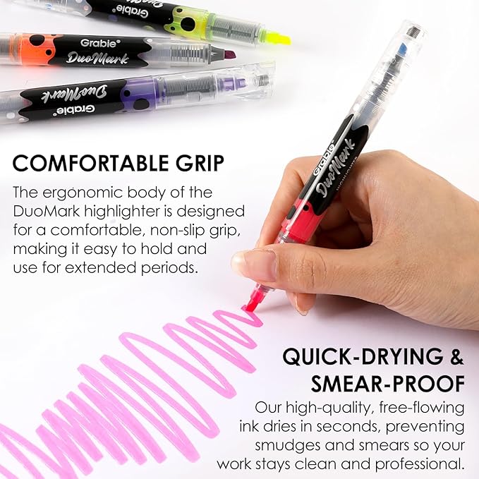 Grabie 20 Dual Tip Colors Highlighters, DuoMark Highlighter Set of 10, Dual Tone Highlighters Assorted Colors, Versatile Chisel Tip, Highlighter Markers, Note-taking