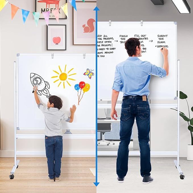 Large Rolling White Board, 48x36 in Double-Sided Mobile Whiteboard, maxtek Reversible Magnetic Dry Erase Board Easel Standing Whiteboard on Wheels Portable Board for Office Classroom and Home, Silver
