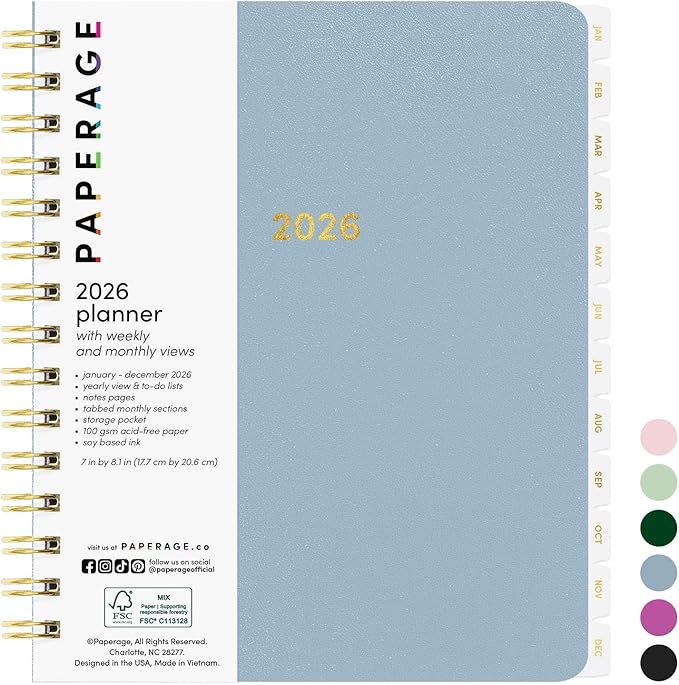 PAPERAGE 2026 Weekly & Monthly Planner, 12 Months (January 2026 - December 2026), 6.6 in x 8.1 in, Spiral Bound 2026 Planner with Weekly, Monthly & Yearly Views, Note Pages & Inner Pocket – Slate