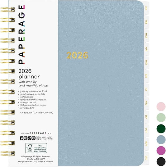 PAPERAGE 2026 Weekly & Monthly Planner, 12 Months (January 2026 - December 2026), 6.6 in x 8.1 in, Spiral Bound 2026 Planner with Weekly, Monthly & Yearly Views, Note Pages & Inner Pocket – Slate