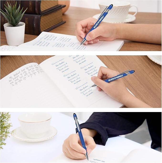12 Pcs Blue Ink Fine Point Motivational Pens with Stylus Tips, Ballpoint Pens, Office Desk Accessories