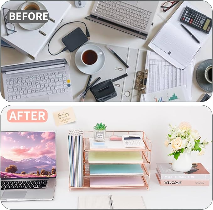 OPNICE 4-Tier Paper Organizer with Magazine Holder, Desk Organizers and Accessories, Office Desk Accessories & Workspace Organizers, Desktop File Organizer for Office Supplies Storage, Rose Gold