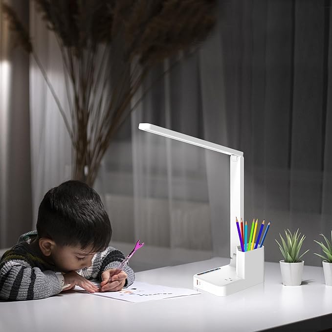 COZOO LED Desk Lamp with 2 USB Charging Ports,Type C Port,1 AC Outlet,2 Pen Holders,3 Color Temperature 3 Brightness Level,Touch/Memory/Timer,10W Eye Protection Foldable Reading Light,Study Lamp-White