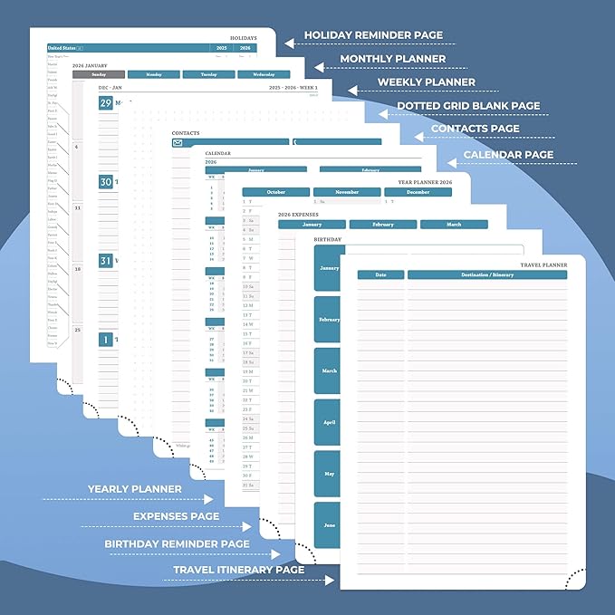 Weekly Monthly 2026 Planner (Jan.26-Dec.26),11.5"x8.5",12 Months Agenda Plan with Month Tabs & Pocket,Expenses/Note Pages, Appointment Book Calendar with Hardcover Vegan Leather Cover,Blue