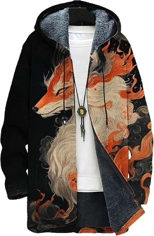 MARSVOVO Mens Cardigan Sweater Cool Graphic Lined Fleece Long Coat Zip With Pockets Fashion Coat Warm Fitted Jacket