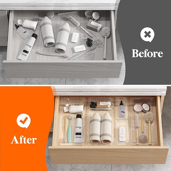 Lifewit 8 Pcs Large Bathroom Drawer Organizers, 3 Sizes Clear Plastic Storage Organizer Trays for Make Up, Kitchen Utensils, Vanity Accessories in Bathroom/Office/Dresser Organization