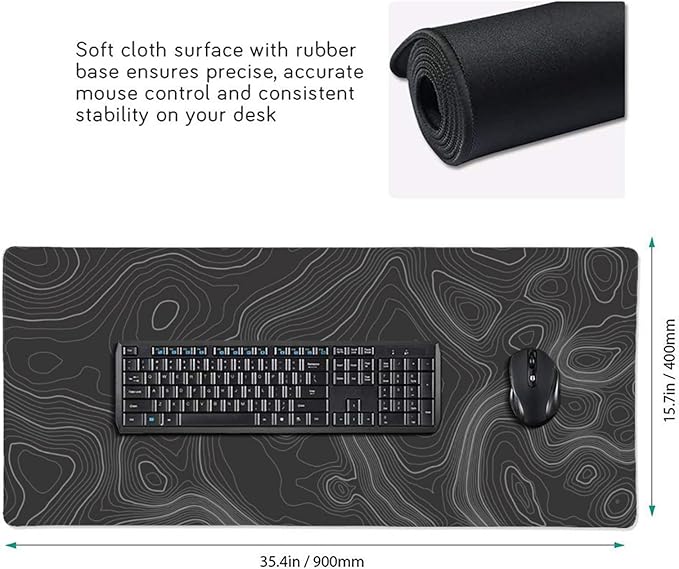 Large Gaming Mouse Pad Topographic Map Lines Contour Geographic PC Computer Keyboard XXL Mouse Mat Desk Pad Non-Slip Desk Mat for Home Office Gaming Work, 35.5 X 16 in
