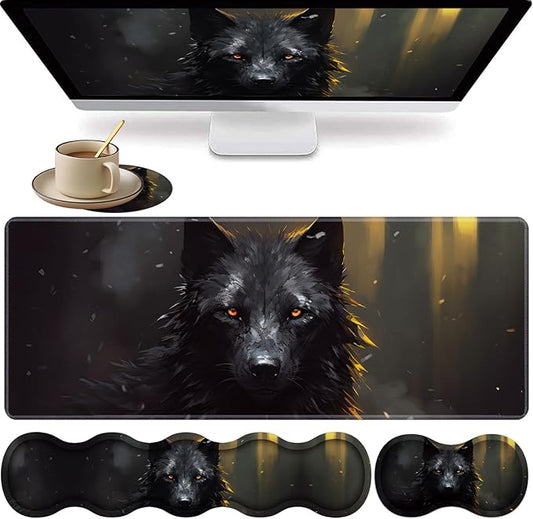 Large XXL Gaming Desk Mat 31.5"x 11.8", Ergonomic Keyboard Wrist Rest & Mouse Pad Wrist Rest + Coaster Set, Non-Slip Base, Memory Foam, Office and Home, Black Wolf