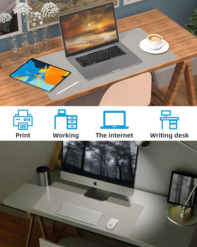 Leather Desk Pad Protector, Large Office Mat & Mouse Pad, Non-Slip Laptop Desk Blotter, Waterproof Writing Pad (Light Grey, 48" x 24")