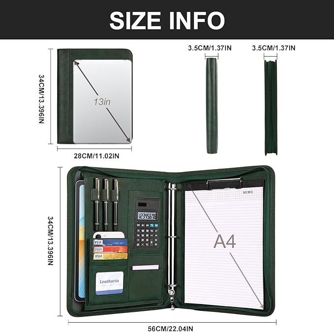 Leathario Portfolio Binder, 3-Ring Folder Organizer, Includes 5 Sheet Protectors and a Pen, Vegan Leather A4 Padfolio for Tablets, Business Conferences Professional Document Organizer, Office Supplies