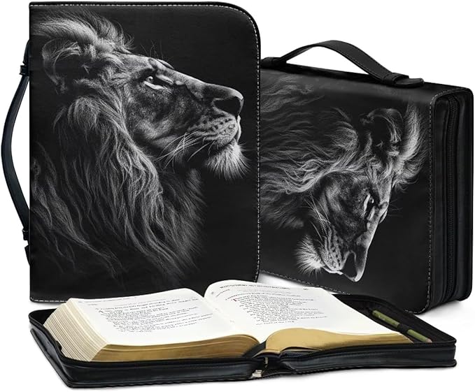Lotusorchid Lion Print Faux Leather Bible Covers for Men, Portable Zippered Bible Carrying Case Bible Tote Bag for Women Girls, Christian Bible Study Accessories, Black, 2XL