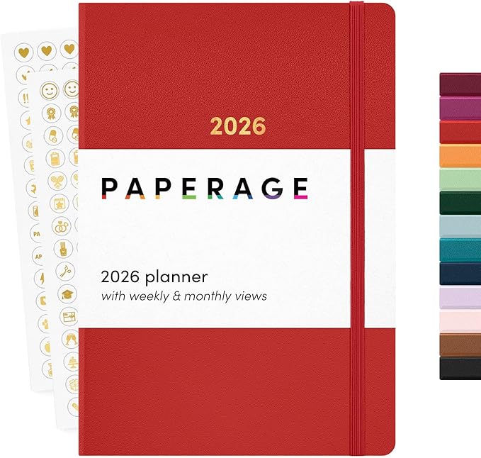 PAPERAGE 2026 Weekly & Monthly Planner, 12 Months (January 2026 - December 2026), 5.6 in x 8 in, Hardcover 2026 Planner with Weekly & Monthly Spreads, Note Pages, Stickers & Back Pocket – Red