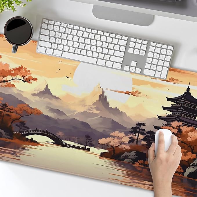 Orange Japanese Sakura Gaming Mouse Pad XXL Yellow Cherry Blossom Mountain Aesthetic Large Desk Mat Big Mousepad Non-Slip Rubber Base Stitched Edge Long Mousepad for Desktop Office, 35.4 x 15.7 in