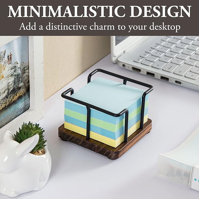 MyGift Modern Rustic Burnt Solid Wood and Industrial Matte Black Metal Wire Sticky Note Cube Holder, Office Desktop Self Adhesive Memo Pad Storage Dispenser