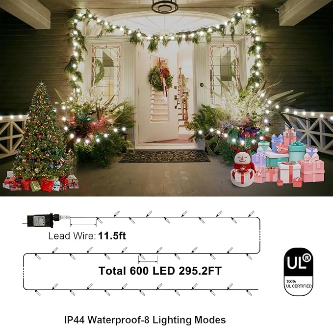 Outdoor Fairy Lights Waterproof, Plug in String Lights F8 Upgraded with 8 Modes Timer, 98Ft 200 Twinkle LED Outdoor & Indoor Decor for Garden/Patio/Yard/Wedding/Holiday Party