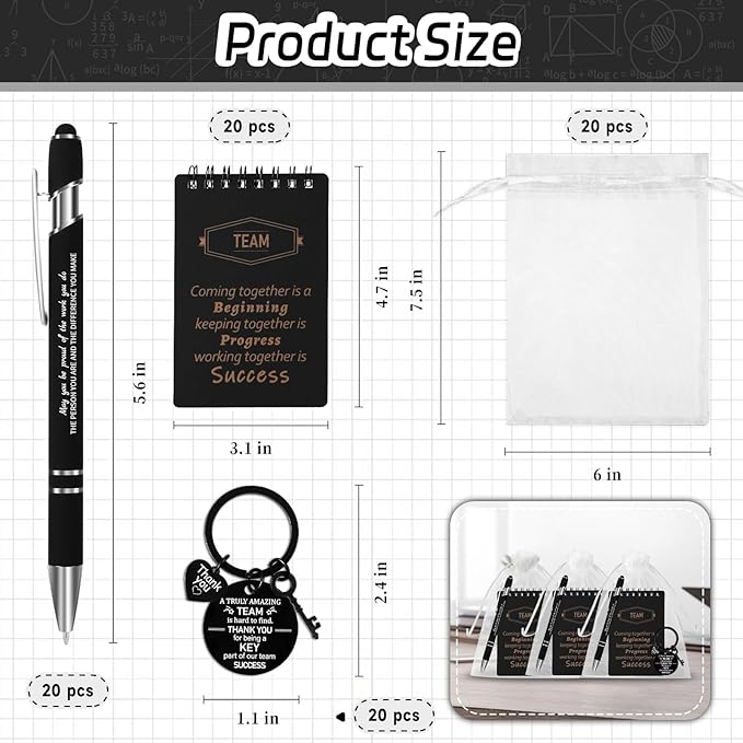 CZWZ 80 Pcs Employee Appreciation Gifts Set, Includes Notepads Pens Thank You Keychains and Organza Bags, Team Recognition Gifts for Coworkers Staff Employees Retirement Birthday Christmas(Black)