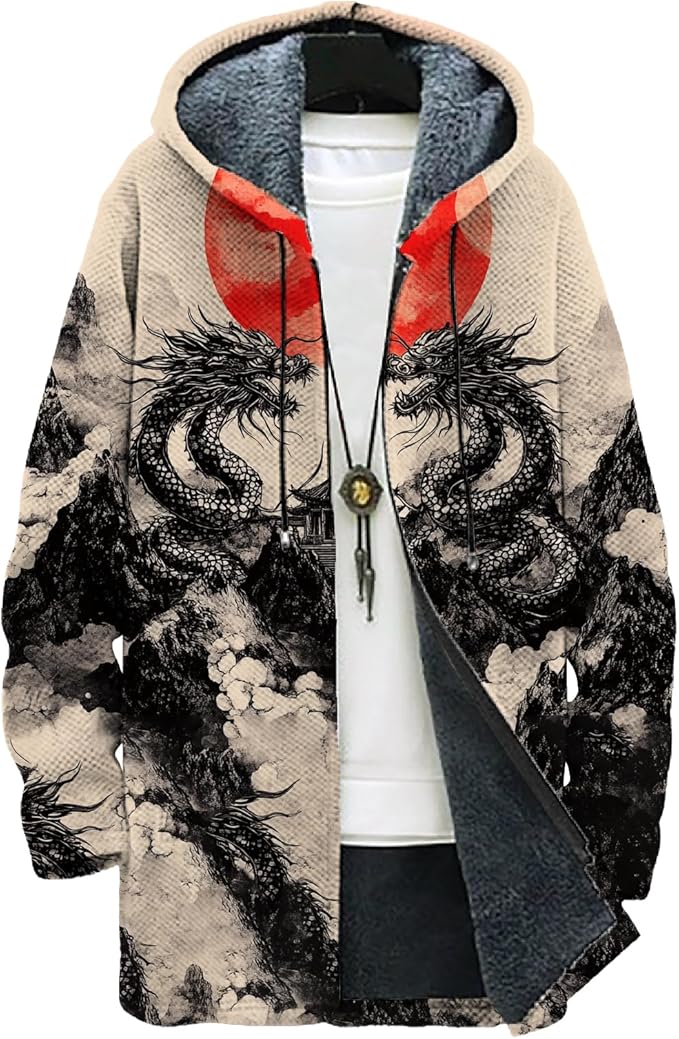 MARSVOVO Mens Cardigan Sweater Cool Graphic Lined Fleece Long Coat Zip With Pockets Fashion Coat Warm Fitted Jacket