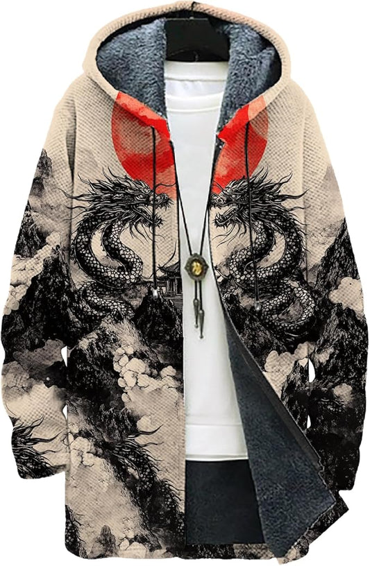 MARSVOVO Mens Cardigan Sweater Cool Graphic Lined Fleece Long Coat Zip With Pockets Fashion Coat Warm Fitted Jacket