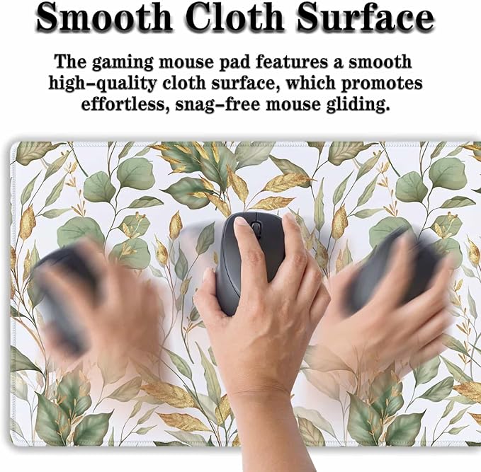 Large Mousepad Green Gold Leaf, Gaming Mousepads Keyboard Mats, Computer Gaming Mouse Pad Non-Slip Rubber Base Waterproof with Stitched Edges, 35.4 X 15.7 inch for Work/Game/Office/Home