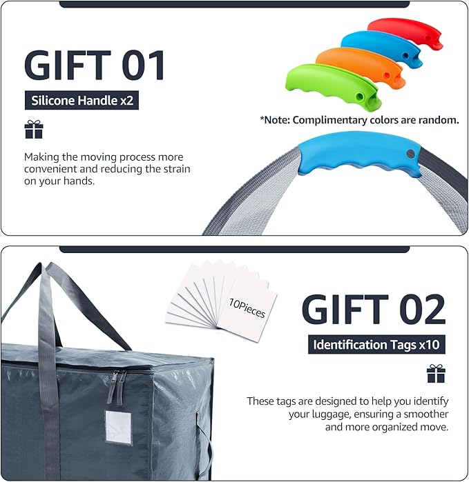 Moving Bags Heavy Duty Extra Large, Moving Boxes, Moving Supplies Essentials, Storage Bins with Lids, Plastic Packing Totes, Storage Bags for Clothes with Handles & Zippers(Grey, 10 Pack)