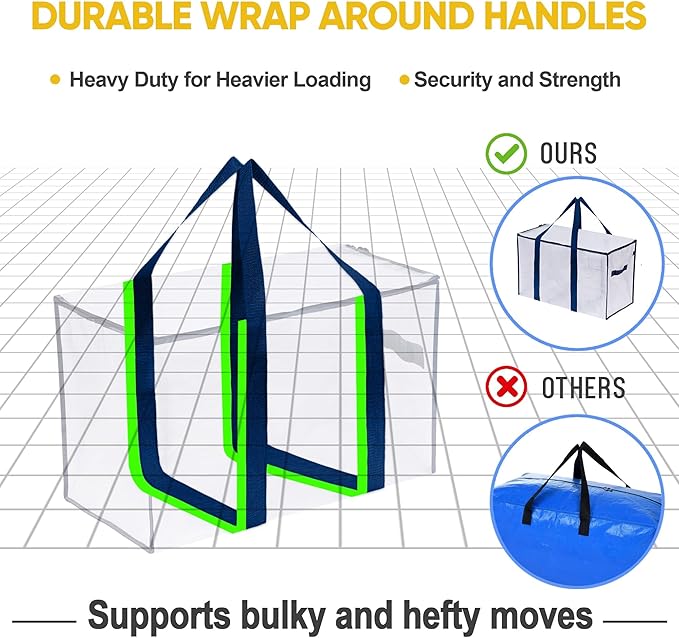 VENO 8 Pack Moving Bags, Heavy Duty, Moving Boxes Alternative, Packing Storage Supplies for Dorm Room Essentials with Zipper for Clothes, Extra Large Totes for Packaging (Clear, 8 Pack)