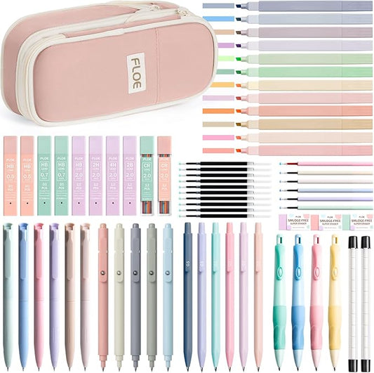 65PCS Aesthetic School Supplies with Cute Pencil Case, Pastel Highlighters Gel Pens Mechanical Pencils Set 0.5 0.7 & 2.0mm, Office Back to School Supplies College Essentials Kit Student Stationary Set