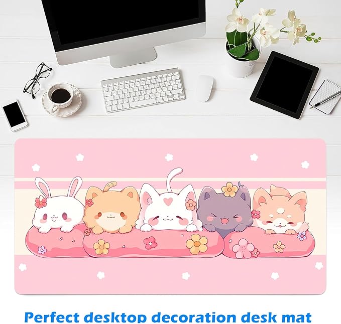 MAYCARI Cute Desk Mat Kawaii Mousepad, Anime Aesthetics Desk Pad XXL Cute Pink Cats Buuny Mouse Pad Computer Keyboard Mat, Office Desk Pad Protector 31.5"X15.7"