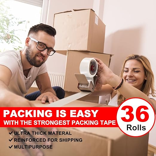 Packing Tape (36 Rolls),2.7mil, Heavy Duty Packaging Tape for Shipping Moving Sealing, 1.88 Inch x 60 yd Per Roll, Total 1080 Yards (36)