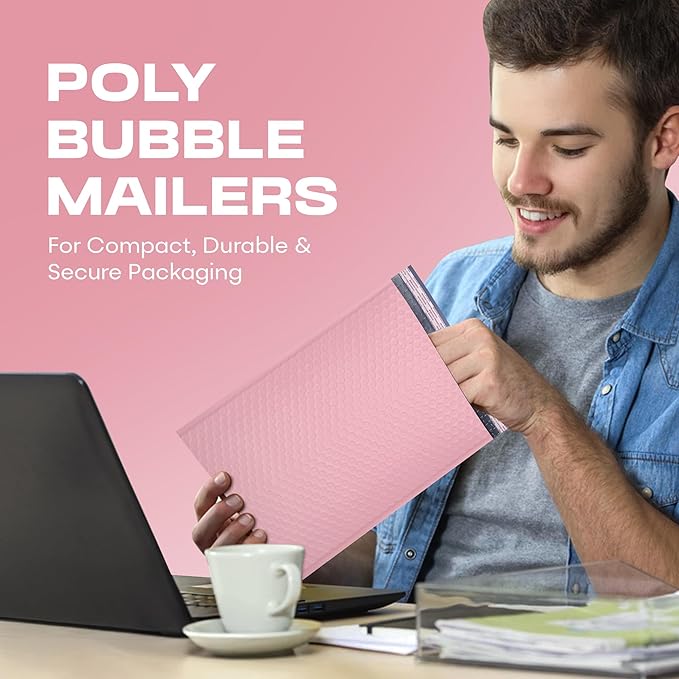 Light Pink 10.5x16 Inch Large Poly Bubble Mailers #5 | Padded Envelopes with Self Seal | Air Lined Cushioned Bubble Mailer | Usable Size 10.5x15 | 200 Pack Bulk | Lightweight shipping Bags