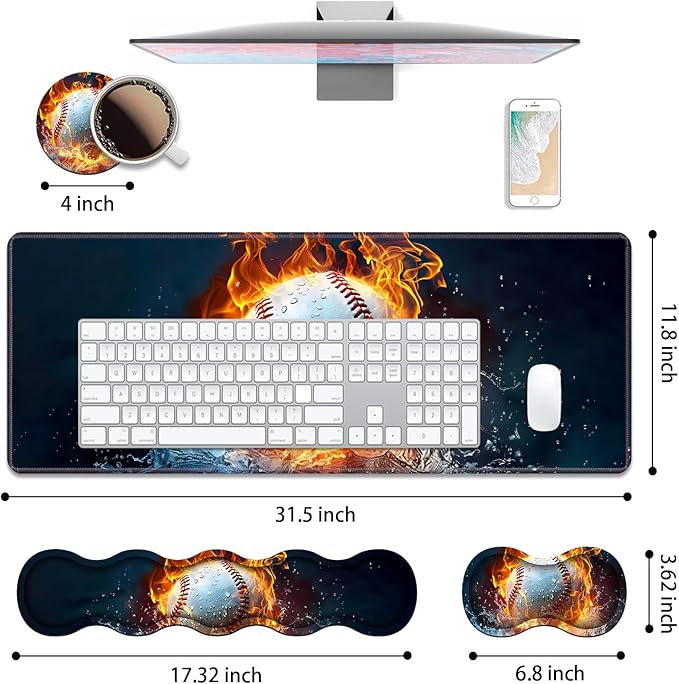 4 in 1 Ergonomic Keyboard Wrist Rest & Mouse Pad Wrist Rest Set, Large XXL Gaming Desk Mat 31.5"x 11.8" with Non-Slip Base, Memory Foam for Home Office Study Gaming, Burning Baseball Fire and Water