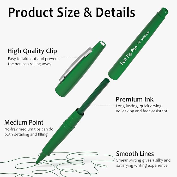 Lelix Felt Tip Pens, 30 Green Pens, 0.7mm Medium Point Felt Pens, Felt Tip Markers Pens for Journaling, Writing, Note Taking, Planner, Perfect for Art Office and School Supplies