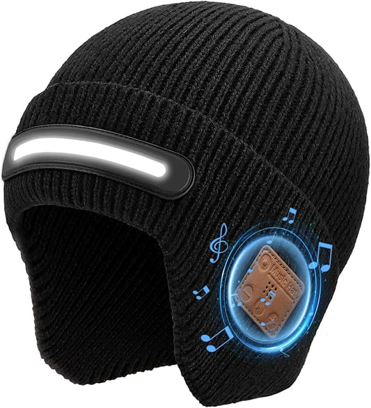 Bluetooth Beanie with Light, Headlamp Hat with Headphones and Built-in Speaker Mic, Unique Christmas Gifts for Men Husband