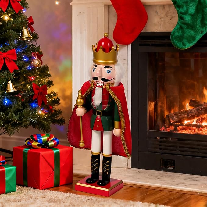 Nutcracker Christmas Decor, 14" Wooden Nutcracker Soldier Christmas Decoration Home Mantle Table Fireplace Christmas Ornaments for Festival Party (14" Red Fur Coat Staff Nutcracker)