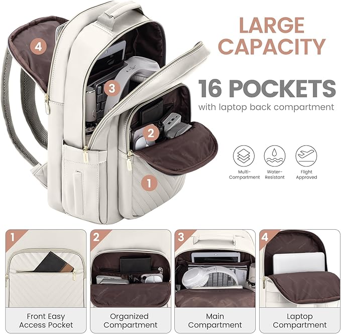 LOVEVOOK Leather Backpack for Women,17.3 inch Leather Laptop Backpack Women Computer Backpack Laptop Bag,Stylish Quilted Travel Backpack Purse Work Bag College Teacher Backpack with USB Port,Off-white