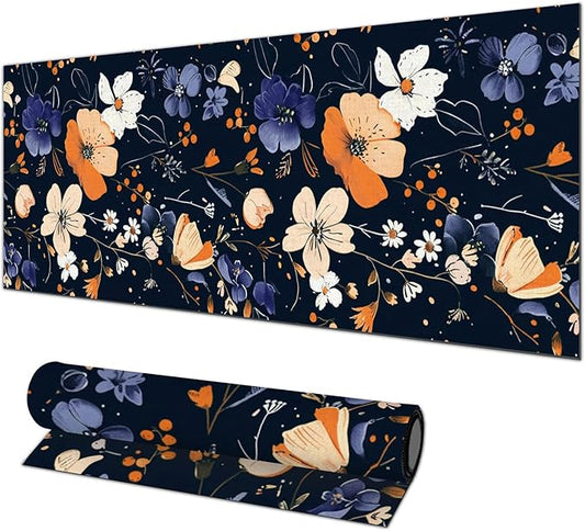 Large Mouse Pad 31.5 x 11.8 Inch Dark Floral Desk Mat Extended Keyboard Mousepad Non Slip Waterproof Desk Pad with Orange White Purple Flowers for Home Office Gaming
