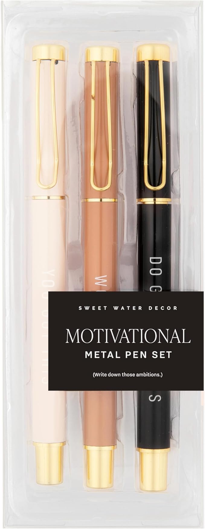 Sweet Water Decor Motivational Metal Pen Set - Set of Three Refillable Medium Ballpoint Pens with Black Ink - Motivational and Inspirational Office and Desk Accessories for Women