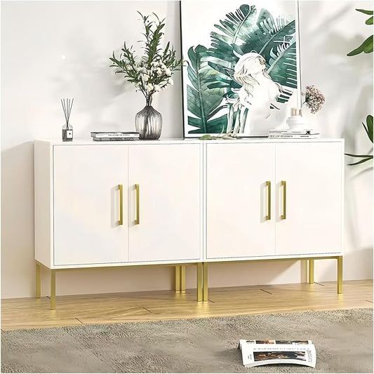 LYNSOM Storage Cabinet with Doors, Set of 2, Modern Buffet Cabinet with Storage, Kitchen Sideboard Buffet, White Wood Accent Cabinet for Living Room, Bedroom, Hallway, Entryway, Office, White