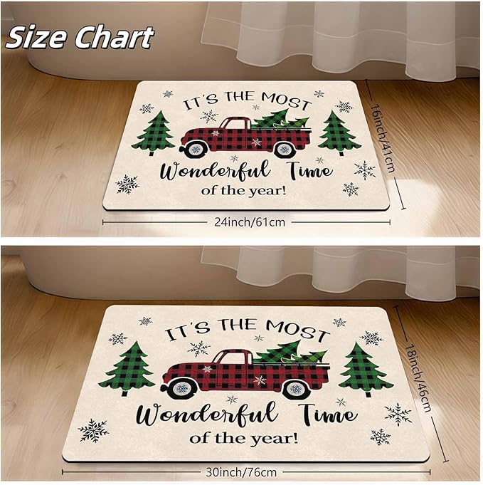 Merry Christmas Buffalo Plaid Truck Doormat Welcome Tree Mat Non Slip Holiday Xmas Front Door Mat for Entrance Indoor Home Bathroom Floor Decoration, 16" x 24" Inch