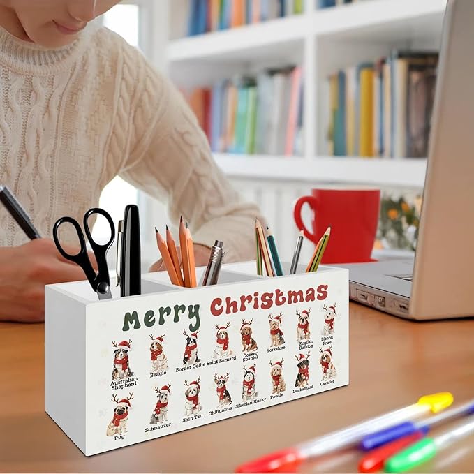 Merry Christmas Dog Pen Pencil Holder Organizer for Desk Accessories, Dog Lover Owner Gifts, Christmas Santa Dogs Chart Wooden Box Signs Decorations for Home Office Desk Tabletop