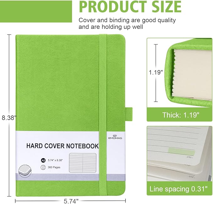 Lined Journal Notebook, 360 Numbered Pages(With page number), Thick Journal for Writing A5 College Ruled Notebook, 100gsm Lined Paper, Leather Hardcover, 5.75'' X 8.38''-1 Pack, Grass Green