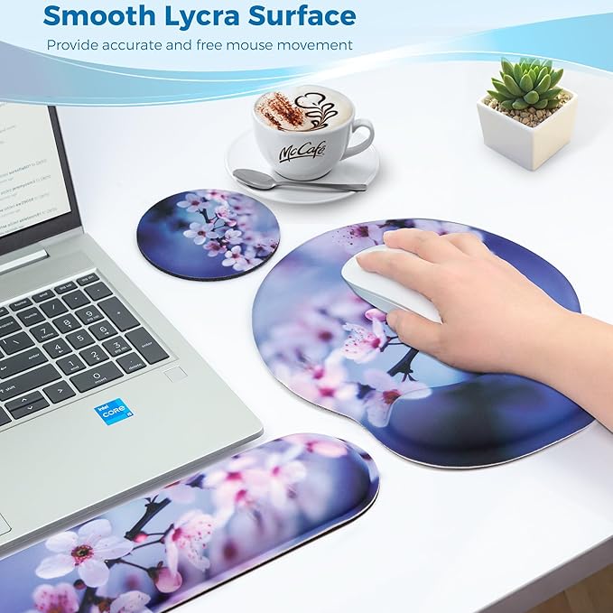 Mouse Pad and Keyboard Wrist Rest Support, with Non-Slip PU Base,Gel Mouse Pad with Coaster,Pain Relief for Gaming, Computer,Office -Cherry Blossom