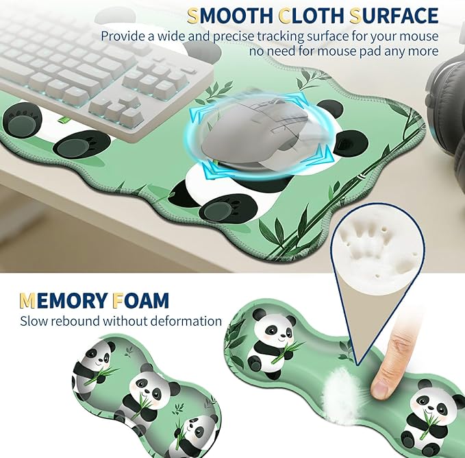 4-Piece XXL Gaming Mouse Pad Set (31.5"x11.8") with Keyboard Wrist Rest,Mouse Wrist Support & Coaster,Ergonomic Non-Slip Desk Mat for Office & Home,Cute Three Pandas