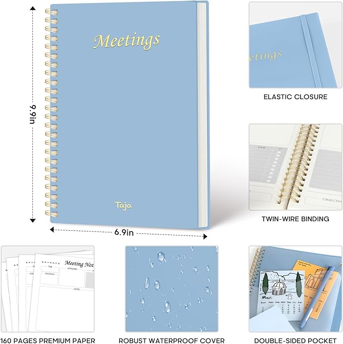 Meeting Notebook for Work Organization - Work Planner Notebook with Action Items, Agenda Planner for Note Taking, 160 Pages (6.9" X 9.9") Project Organizer for Men & Women - Sky Blue