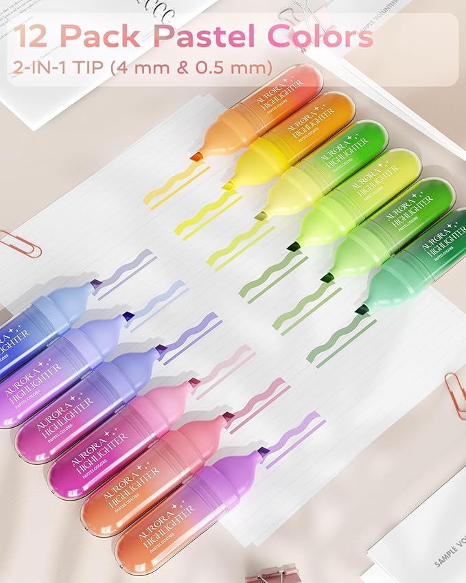 Four Candies 12 Pcs Highlighters Assorted Colors, Cute Pastel Highlighter Set, Dry Quickly, Soft Chisel Tip, No Bleed Bible Highlighter, Aesthetic Highlighters for School, Purple Christmas Gifts